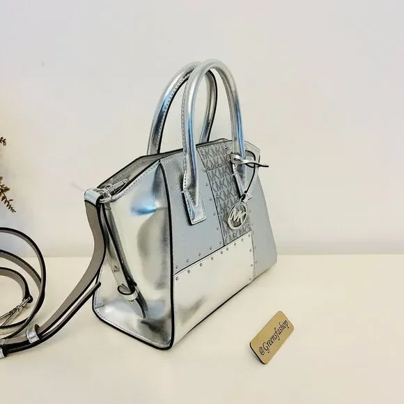 Michael Kors Purse Avril Small Leather Satchel Crossbody Bag Silver